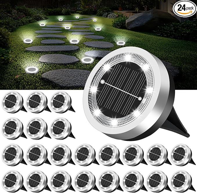 Mini Solar Ground Lights Outdoor 24 Pack Waterproof Upgraded Anti-Rust Solar Flat Garden Lights Stainless Steel | Lumora