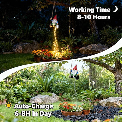 Watering Can Solar Lights Garden Gnomes Hanging Statues, Swing Gnome Cascading LED Decorations for Outside Backyard Yard Patio Tree Wall, Hoswarming Birthday Gifts for Woman Mom Grandma