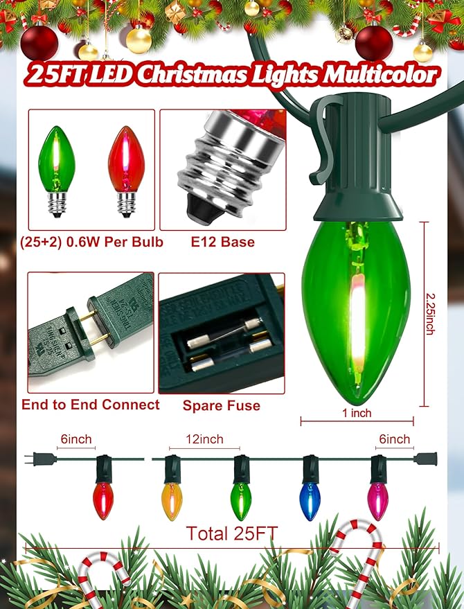 Multicolor C7 Christmas Lights, 25Ft C7 LED Outdoor String Lights with 27 Clear Multicolor Bulbs, Hanging Halloween Decorative for Indoor Outdoor Holiday Party Backyard Garden, Green Wire
