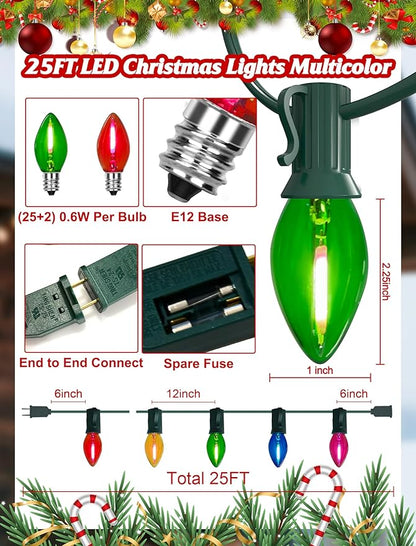 Multicolor C7 Christmas Lights, 25Ft C7 LED Outdoor String Lights with 27 Clear Multicolor Bulbs, Hanging Halloween Decorative for Indoor Outdoor Holiday Party Backyard Garden, Green Wire