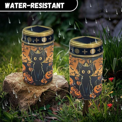 Black Cat Pumpkin Cemetery Solar Lights, Solar Powered Garden Stake Lights, Halloween Decorative Lights for Cemetery Grave Yard Patio Outdoor Decoration Memorial