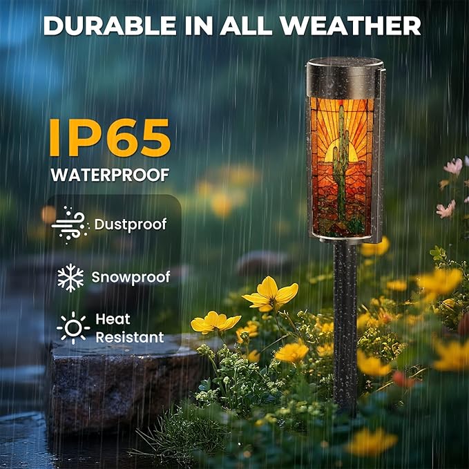 8 Pack Solar Pathway Lights Outdoor Waterproof Vibrant Cactus Desert Sunset Stained Glass Western Border Solar Garden Lights LED Landscape Lighting for Yard Walkway Lawn Garden Decor