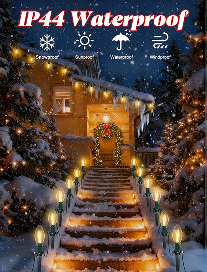 38FT C9 Christmas Pathway Lights Outdoor,25 Pack Warm White Connectable Weatherproof Christmas Walkway Lights with C9 Bulbs and Stakes for Driveway Yard Lawn Sidewalk Decorations