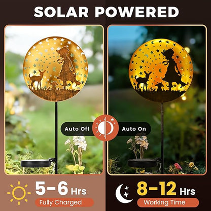Garden Solar Lights Outdoor Shepherdess Silhouette Stakes, Waterproof Outdoor Metal Decor Gifts for Women Mom, Art Cut-Out Girl Lamb Sculpture for Yard, Patio, Garden, Porch, 1 Pack