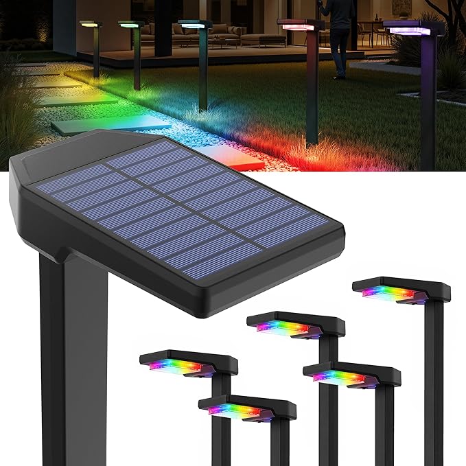 6 Pack Color Changing & Sync Smart Solar Pathway Lights, Solar Lights Outdoor Waterproof, 9 Modes (Warm White/Cool White/RGB) Landscape Lighting for Driveway, Walkway, Garden, Yard, Patio