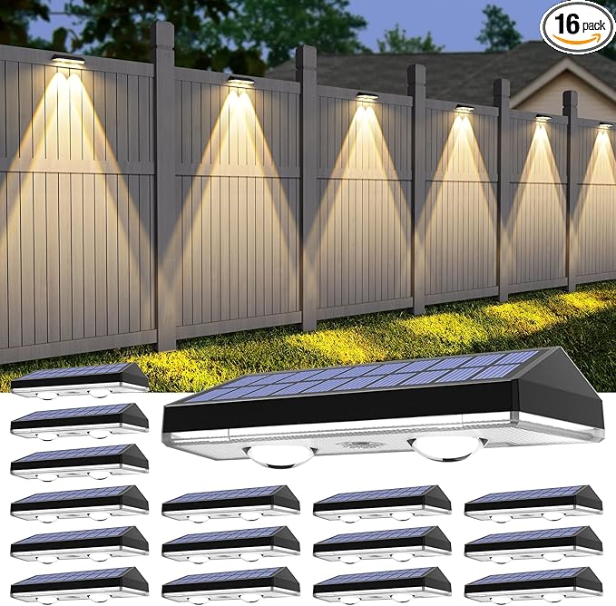 Solar Fence Lights ,RGB & Warm White & 6 Colors Bright Lens LED Dusk to Dawn Deck Light, Fence Solar Lights Outdoor Waterproof, Solar Outdoor Lights for Backyard/Railing/Wall/Step/Patio/Pool (16Pack)