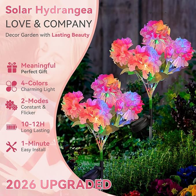 Neporal Solar Flowers Outdoor Waterproof IP65, 2PK 5-Head Hydrangea with 4-Color Light & 2 Lightning Modes, Solar Garden Lights Outdoor Waterproof for Garden, Yard,Pathway, Gardening Gifts for Women