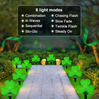 St Patricks Day Decorations Solar Garden Lights Outdoor Waterproof 8 Pack Green Shamrock Three Leaf Lucky Clover Solar Stake Lights 8 Modes for Yard Pathway Party Outside Irish St. Patrick's Day Decor