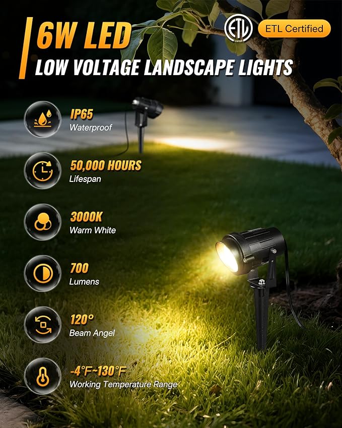 6W 700LM Low Voltage Landscape Lighting, 12V AC/DC 3000K Warm White LED Low Voltage Landscape Lights, IP65 | Lumora