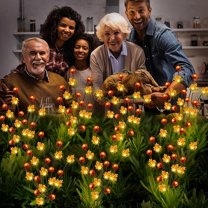Fall Decor Solar Garden Lights Outdoor for Thanksgiving Decorations,4PACK 80LED Pumpkin Maple Leaf Tree with Friendsgiving Gifts,Solar Fall Decor Lights for Home/Garland/Thanksgiving Day