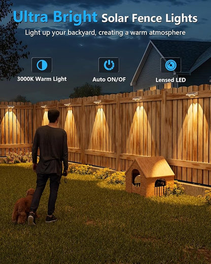 VOLISUN Solar Fence Lights, 24 Pack Solar Powered Fence Lights Outdoor with Warm White LED Spot Lens, IP65 Waterproof Solar Lights Outdoor for Patio, Backyard, Railing, Deck（White）