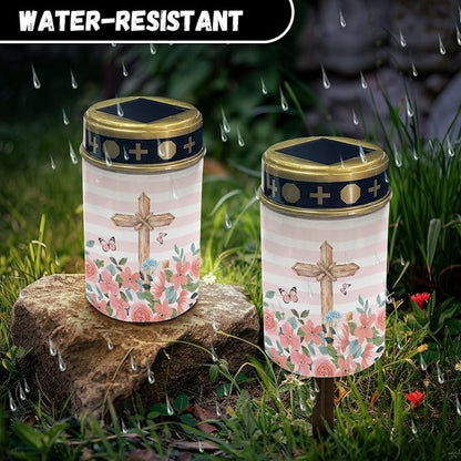 Cross and Pink Floral Cemetery Lights for Grave,Solar Lights Outdoor Waterproof Lights Garden Lights Solar Powered Pathway Lights Backyard Lights Solar String Lights Wall Light Auto On & Off