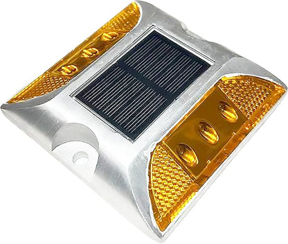 Solar Driveway Ultra Bright Lights Dock Deck Lights Wireless Solar Powered Waterproof Outdoor Warning Step Lights for Driveway Pathway Metal Ground 6 LED Light 3 Each Side Yellow Color (Pack of 2)