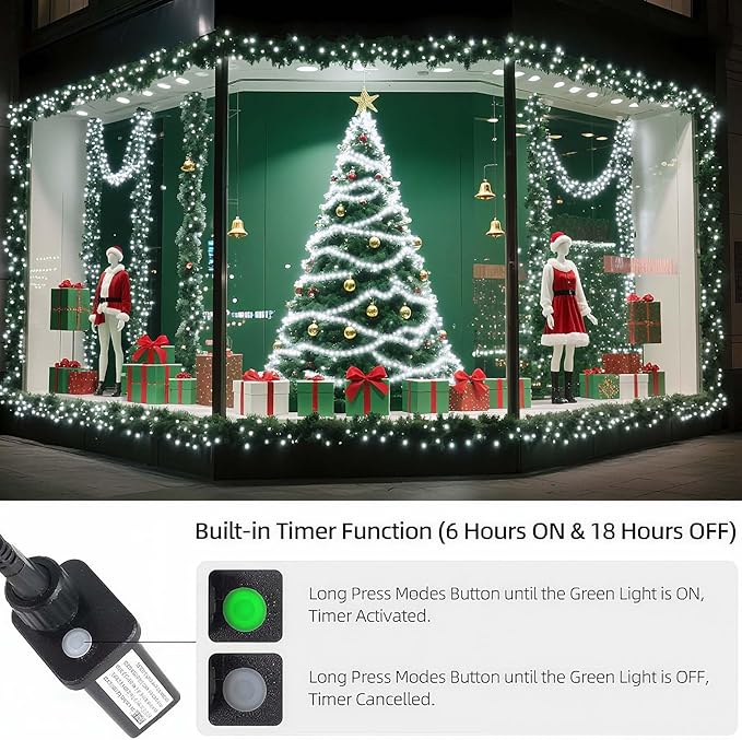 Tcamp 306FT 1000 LED White Christmas Lights, 8 Modes Christmas Tree Lights with Timer Memory Function, Green Wire Starry Fairy String Light for Xmas Tree Outdoor Indoor Decor