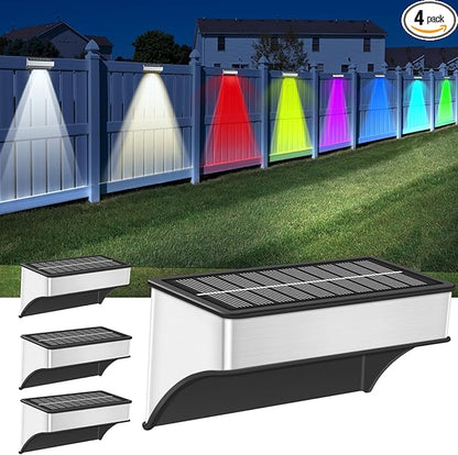 Solar Fence Lights Outdoor,4 Pack Step Lights Solar Powered with 9 Lighting Options, IP65 Waterproof, Deck Light Solar Powered for Outside/Backyard/Patio/Wall/Railing/Pool/Stair