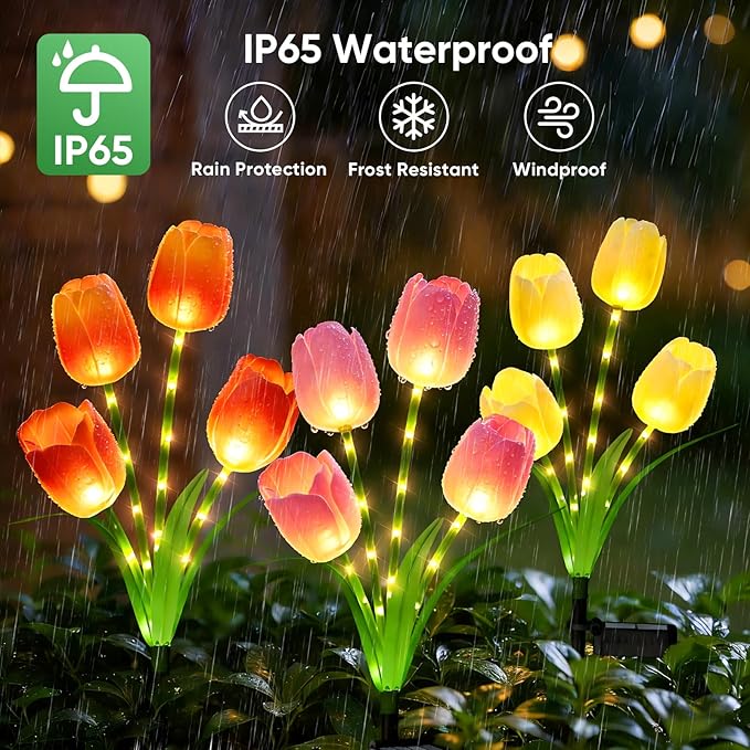 Solar Tulip Lights Outdoor: 3-Pack Solar Flower Garden Lights with Bendable Stems - IP65 Waterproof 800mAh for 12H Lighting - Auto On/Off Garden Decor - Gifts for Mom - Orange Pink Yellow