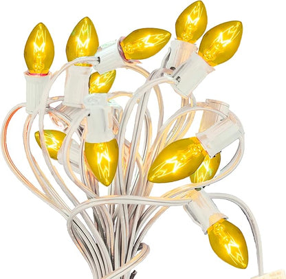 EST. LEE DISPLAY L D 1902 Outdoor Patio String Lights Bulbs & Green Hanging Cord Set Christmas Holiday Seasonal Light Bulbs & Cord Included 25FT C-9 E17 (White Wire, Yellow)