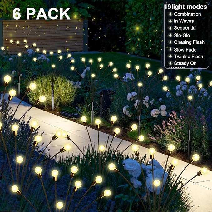 New Upgraded Solar Firefly Lights Outdoor Waterproof 6 Pack 48 LED 19 Modes USB Rechargeable Solar Garden Lights with Remote Timer Dimmable for Yard Patio Landscape Outside Decorations Light, Warm