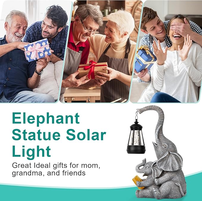 Solar Elephant Statue LED Lights Garden Decoration, Outdoor Statue Lights Patio Art Lawn Porch Deck Balcony Decoration - Birthday, Options for Mom, Lady Lover