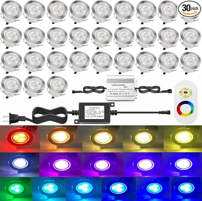 Low Voltage LED Deck Lighting Kit Stainless Steel 0.2W~0.5W RGB Waterproof Outdoor Yard Garden Decoration Lamps Landscape Pathway Patio Step Stairs LED In-ground Lights Silver Border (30pack)