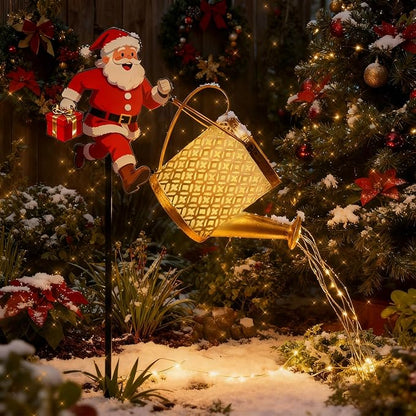 Christmas Santa Solar Kettle Lights, Waterproof Solar Watering Can with Cascading Lights, Garden Lawn Decorative Light, Hanging Metal Solars Santas Watering Can Led Light for Yard Pathway