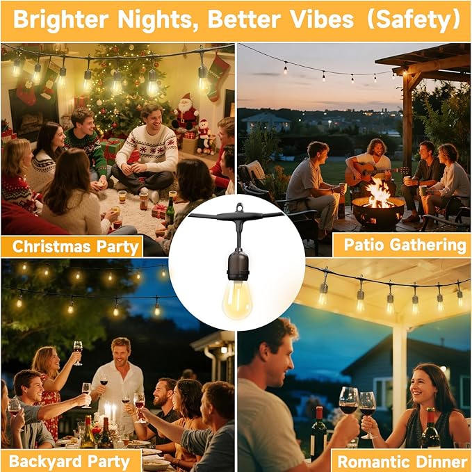 Outdoor Safety String Lights 200FT - Commercial Grade Low Voltage Strand with 80 S14 Shatterproof Bulbs for Tree Garden Yard bistro Cafe | Warm Yellow 3500K Party Lights | IP65 Waterproof | UL Listed