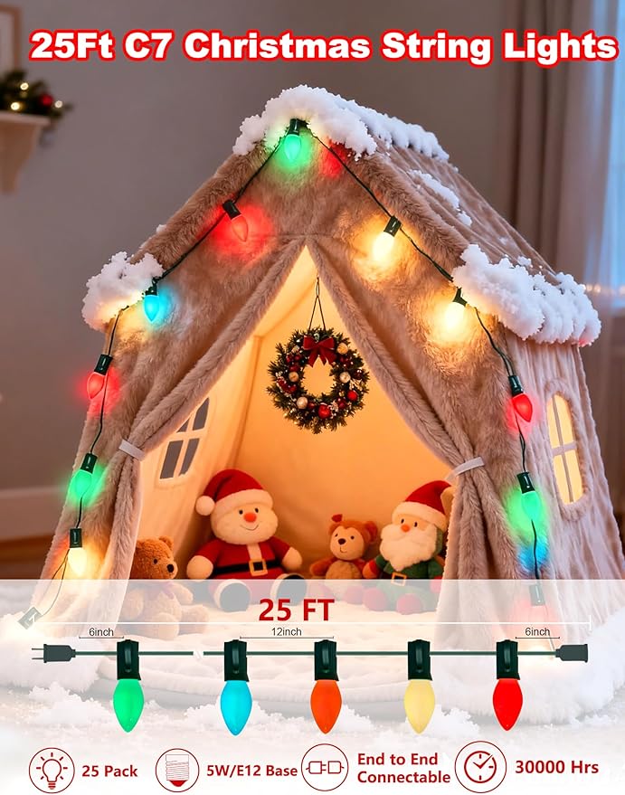 C7 Multicolor Christmas Lights 25Ft C7 Christmas String Lights Outdoor with 27 Incandescent Light Bulbs, Multicolor String Lights for Xmas Tree Decor Patio, 5 Watt E12 Candelabra Base