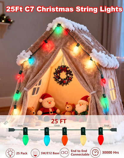 C7 Multicolor Christmas Lights 25Ft C7 Christmas String Lights Outdoor with 27 Incandescent Light Bulbs, Multicolor String Lights for Xmas Tree Decor Patio, 5 Watt E12 Candelabra Base