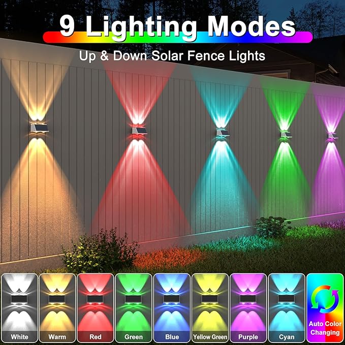 LANSOW Solar Fence Lights 2 Pack, Solar Powered Lights Outdoor Waterproof, 9-Mode Warm/Cool White & RGB Up-Down Led Spot Wall Lights Dusk to Dawn Decor for Backyard, Deck, Patio, Pool, Railing(White)