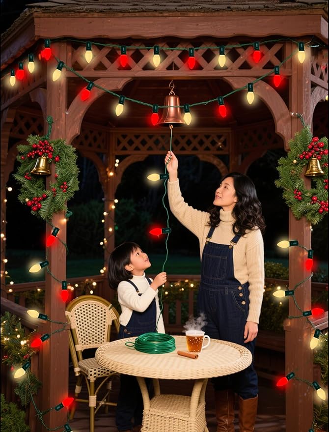 25FT C7 LED Christmas Lights Outdoor, Vintage Red and White Christmas String Lights with 27 Bulbs (2 Spare), UL Listed Waterproof Plug-in Patio Lights for Tree Yard Party Xmas Decoration