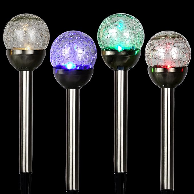 Alpine Corporation 15" H Outdoor Solar Glass Ball Pathway Lights with Color Changing LEDs, Silver - Set of 4