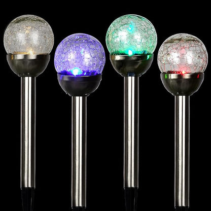 Alpine Corporation 15" H Outdoor Solar Glass Ball Pathway Lights with Color Changing LEDs, Silver - Set of 4