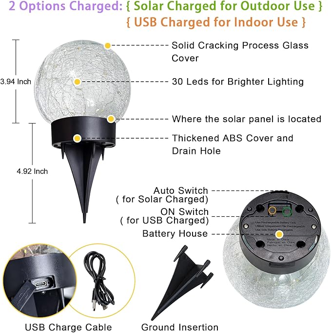 4 Packs Solar Globe Lights Outdoor USB Charged Garden Decor 3.94" Diameter 30LED 1000mAh Solar Globe Lights for Outdoor Indoor Mothers Day Gifts Holiday Decor(3.94'' Medium 4 Pack Warm White)