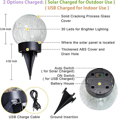 4 Packs Solar Globe Lights Outdoor USB Charged Garden Decor 3.94" Diameter 30LED 1000mAh Solar Globe Lights for Outdoor Indoor Mothers Day Gifts Holiday Decor(3.94'' Medium 4 Pack Warm White)
