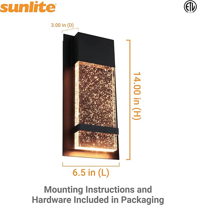 Sunlite LED Wall Sconce, Black Metal Frame with Raindrop Effect Glass Panel, 6.5" Wide, 3000K Warm White, Indoor & Outdoor, ADA Compliant