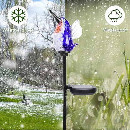 Afirst Decorative Solar Lights Outdoor Solar Hummingbird Stake Lights Hand Blown Glass Decorative Garden Pathway Light Outdoor Waterproof Glass Stakes Blue
