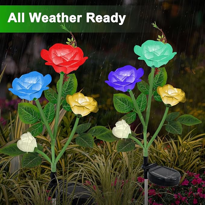 Solar Lights Outdoor for Garden Decor Waterproof - 2 Pack with 8 Rose Lights Decorative 7 Color Changing for Valentines Day Yard Patio Pathway Decoration