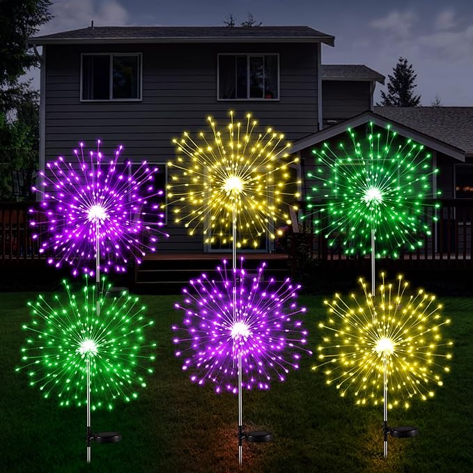 6 Pcs Mardi Gras Solar Firework Lights Solar Lights Outdoor Garden 120 LED 8 Modes Waterproof LED Sparkler Outdoor for Carnival Patio Yard Pathway Walkway (Purple,Yellow,Green)