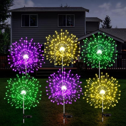 6 Pcs Mardi Gras Solar Firework Lights Solar Lights Outdoor Garden 120 LED 8 Modes Waterproof LED Sparkler Outdoor for Carnival Patio Yard Pathway Walkway (Purple,Yellow,Green)