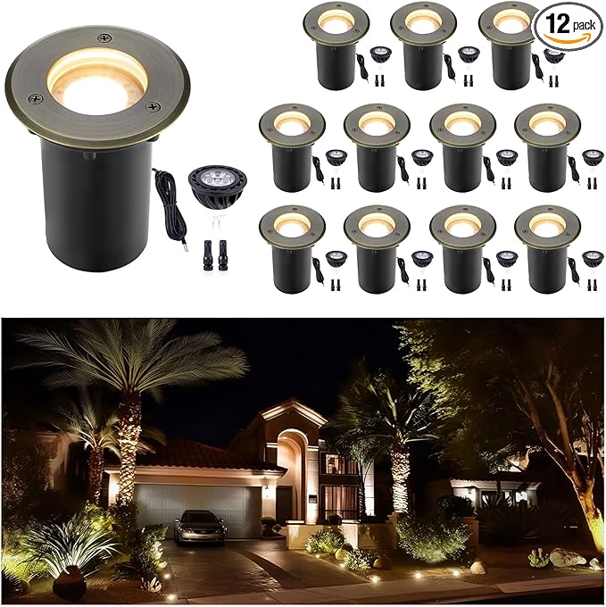 Gardenreet Landscape Low Voltage Well Light - Brass Electric LED 12V in-Grade Lighting, Replaceable Bulb Wired | Lumora