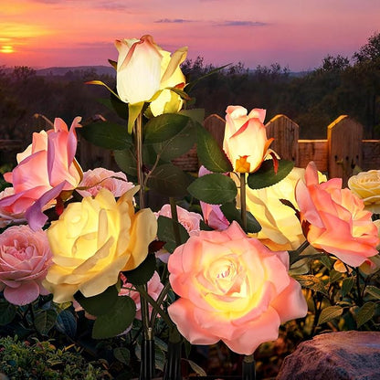 GIGALUMI Solar Lights Outdoor for Garden Decor, 3 Pack Solar Flower Lights Waterproof, 2 Lighting Modes 9 Rose Flowers for Pathway,Yard, Patio Decoration, Gardening Gifts for Women (Multi-Colored)