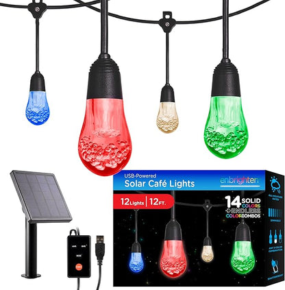 Enbrighten USB Color Changing String Lights with Solar Panel, 12ft Black Cord, 12 Acrylic Bulbs, Weatherproof, Outdoor String Lights, 66884