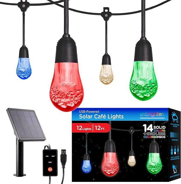 Enbrighten USB Color Changing String Lights with Solar Panel, 12ft Black Cord, 12 Acrylic Bulbs, Weatherproof | Lumora