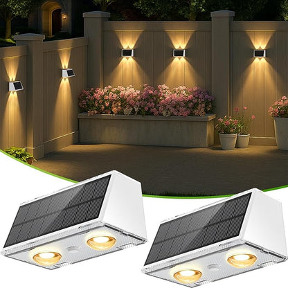 LANSOW Solar Fence Lights 2 Pack, Solar Powered Lights Outdoor Waterproof, 9-Mode Warm/Cool White & RGB Up-Down Led Spot Wall Lights Dusk to Dawn Decor for Backyard, Deck, Patio, Pool, Railing(White)