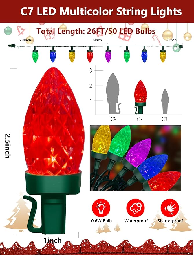 26Ft LED Valentine's Day String Lights Outdoor, C7 Vintage Christmas Lights with 52 Multicolor Strawberry Bulbs, Plug in Fairy Lights for Indoor Patio Porch Garden Party Wedding Roofline House Decor