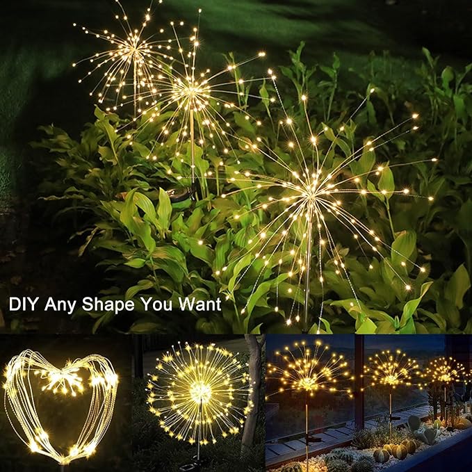 Solar Garden Firework Lights Outdoor Waterproof, 2 Pack 150 LED 8 Lighting Modes Sparklers Solar Twinkling Starburst Lights for Yard Flowerbed Pathway Fence Decorations, Warm White