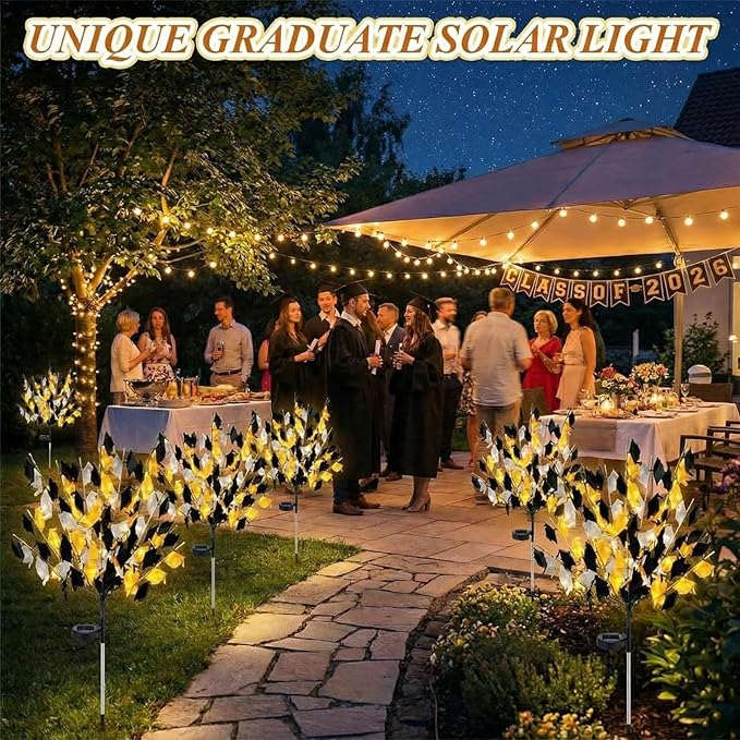 VIHOSE 2 Pack 2026 Graduation Decorations Solar Stake Lights - Gold Black Silver Grad Cap LED Yard Sign, Ip65 Waterproof Solar Powered Outdoor Lights for Class of 2026 Party Lawn Pathway Patio Decor
