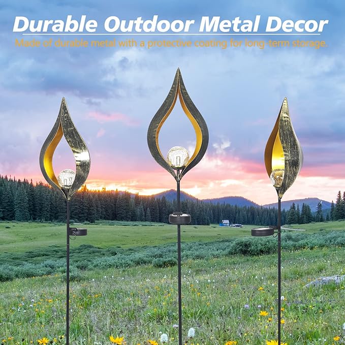 Adeco Solar Lights Outdoor Garden 42 inch Metal Crackle Glass Globe Stake Lights with Large Solar Panel Waterproof LED Lights for Ground Patio Lawn Pathway Courtyard