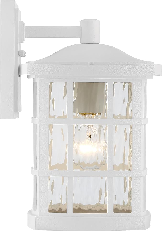 Quoizel Stonington Outdoor Wall Lantern, Coastal Armour 13 Inch 1-Light Matte White Vintage Wall Sconce, Clear Water Glass, 100W, Decorative Outside Lights for Patio, Porch, Garage or Yard