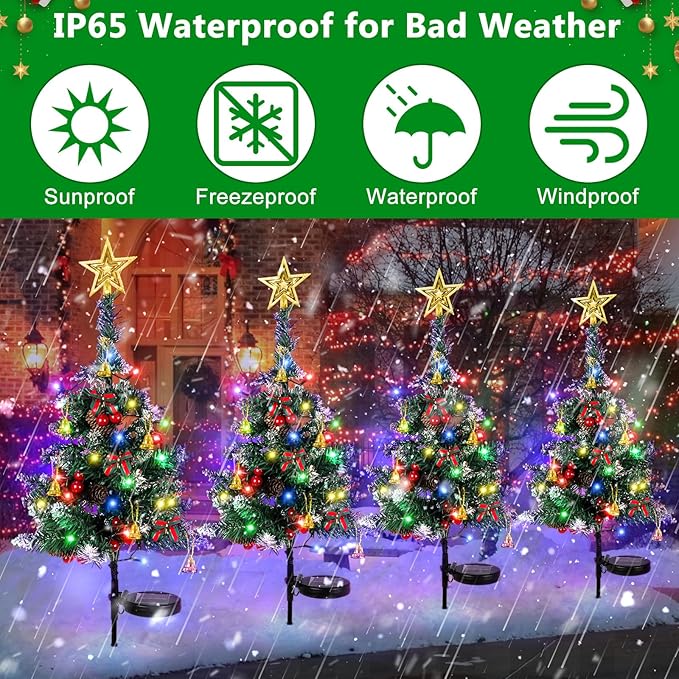 OurWarm 2Pcs Solar Christmas Tree Lights Outdoor Decorations, 20 LEDs Path Lights 8-Mode Flickering, Small Mini Solar Christmas Tree for Outside Yard Pathway Garden Grave Cemetery Xmas Decor